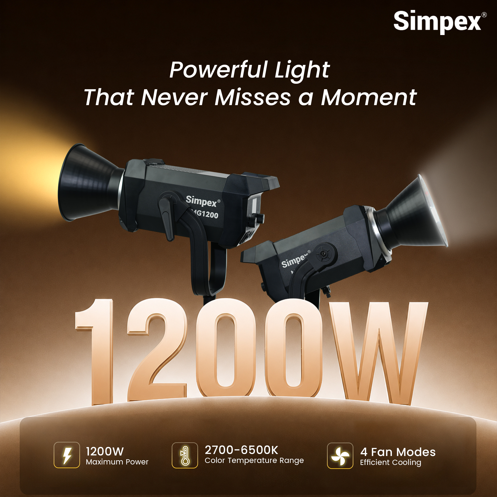 Simpex MG-1200 1200W Bi-Color COB LED Video Light, 2700K-6500K Adjustable Colour Temperature