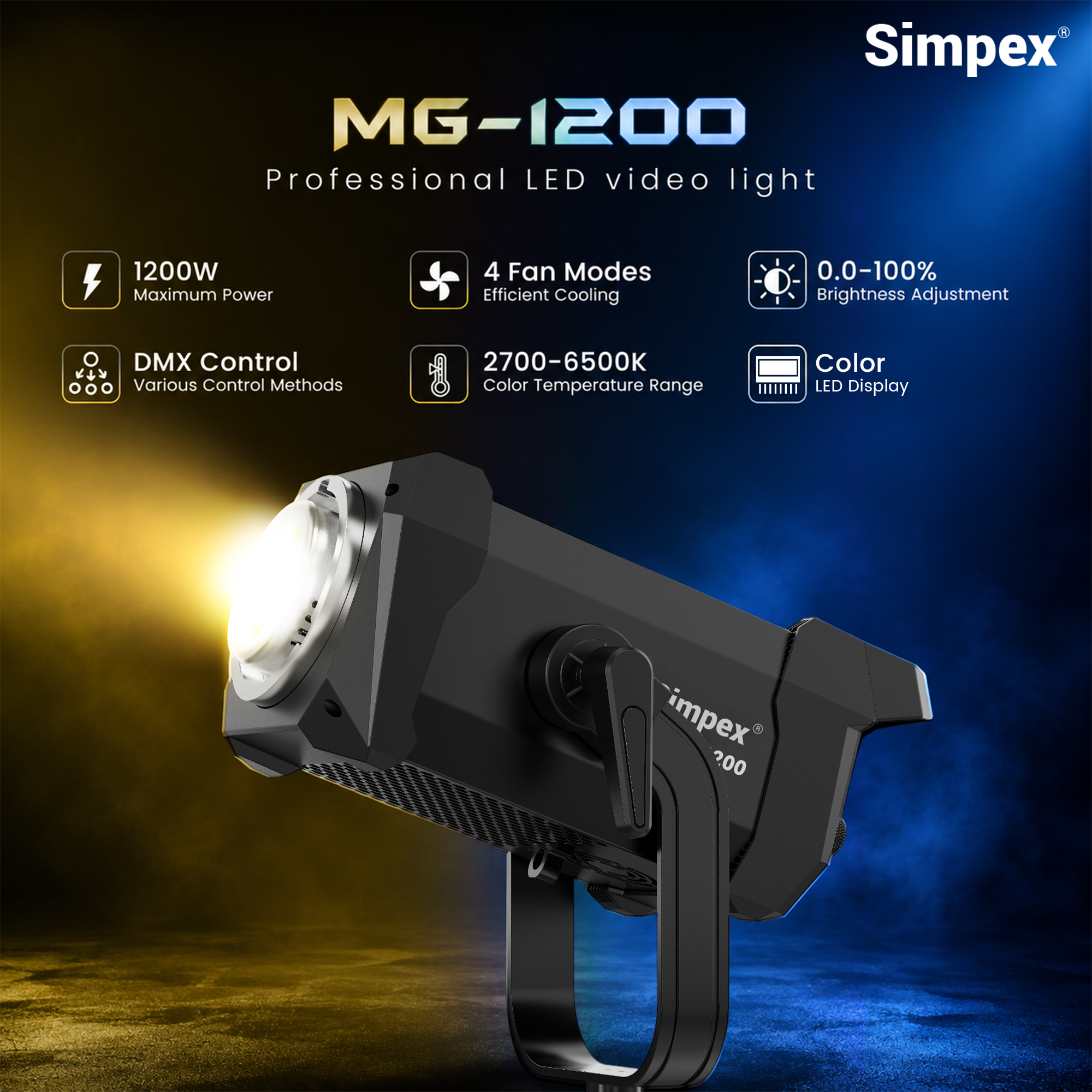 Simpex MG-1200 1200W Bi-Color COB LED Video Light, 2700K-6500K Adjustable Colour Temperature